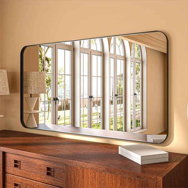55 in. W x 30 in. H Rectangular Aluminum Framed Modern Black Rounded Wall Mirror