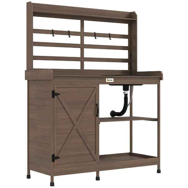 Outsunny 17.7 in. W x 57.5 in. H Dark Brown Outdoor Wooden Potting Bench Table, Garden Workstation with Storage Cabinet, Shelves
