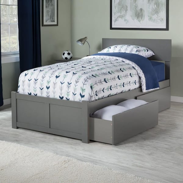 AFI Orlando Grey Twin Solid Wood Storage Platform Bed with Flat Panel Foot Board and 2 Bed Drawers