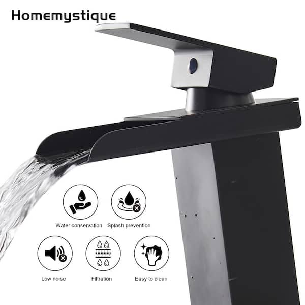 Single Handle Waterfall Spout Single Hole Bathroom Sink Faucet with Drain Kit and Deckplate Included in Matte Black