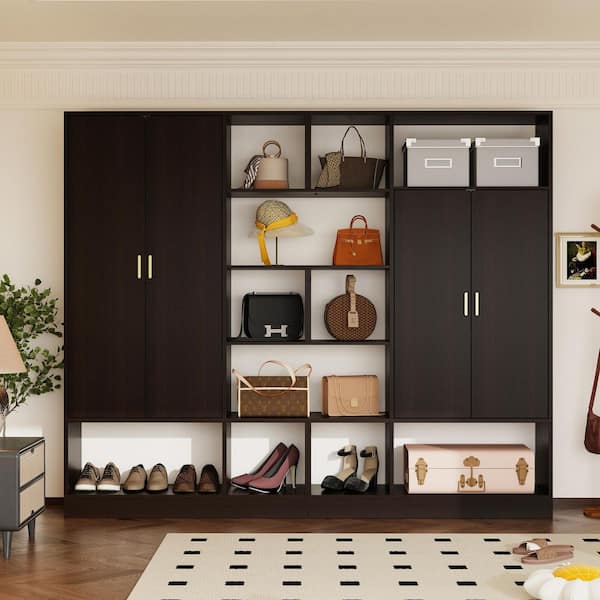 Dark Brown Warnut Wooden 94.5 in. W Bedroom Armoire, Wardrobe with 14 Shelves and A Hanging Bar