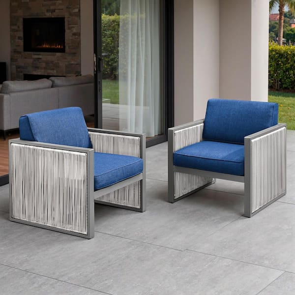 Opohoro SquareChic Metal and Light Beige Wicker Outdoor Lounge Chair with Olefin Navy Blue Cushions (2-Pack)