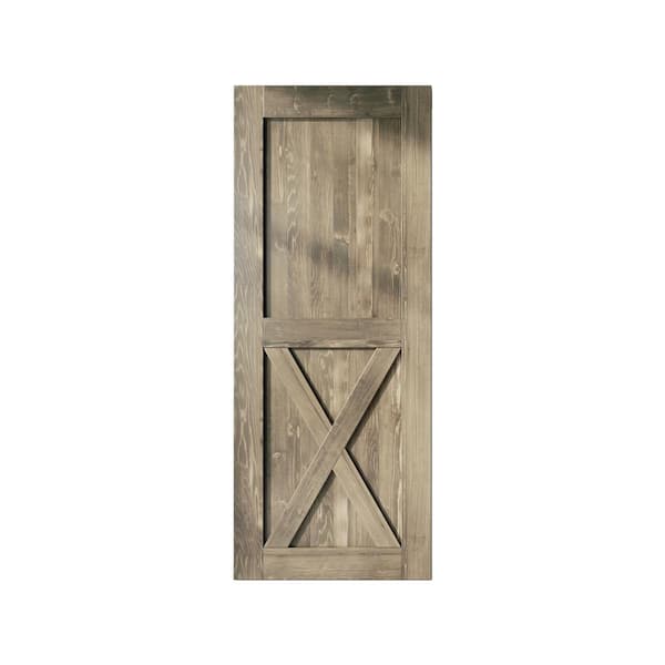 HOMACER 30 in. x 96 in. X-Frame Classic Gray Solid Natural Pine Wood Panel Interior Sliding Barn Door Slab with Frame