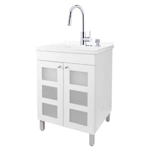 18 Gallons 21.75 in. x 25 in. Thermoplastic Freestanding Laundry Sink, Chrome Faucet, White Cabinet, Soap Dispenser