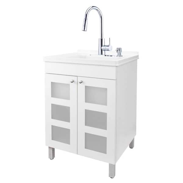 TEHILA 18 Gallons 21.75 in. x 25 in. Thermoplastic Freestanding Laundry Sink, Chrome Faucet, White Cabinet, Soap Dispenser