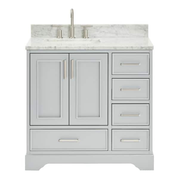 Stafford 36 in. W x 22 in. D x 35.25 in. H Left Single Sink Bath Vanity in Gray with Carrara White Marble Top