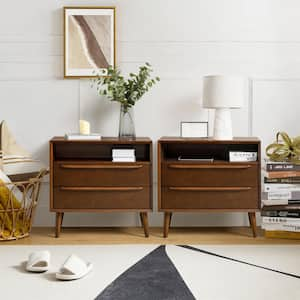 Leslie Mid-Century Modern Walnut 2-Drawer Nightstand with Built-In Outlets (Set of 2)