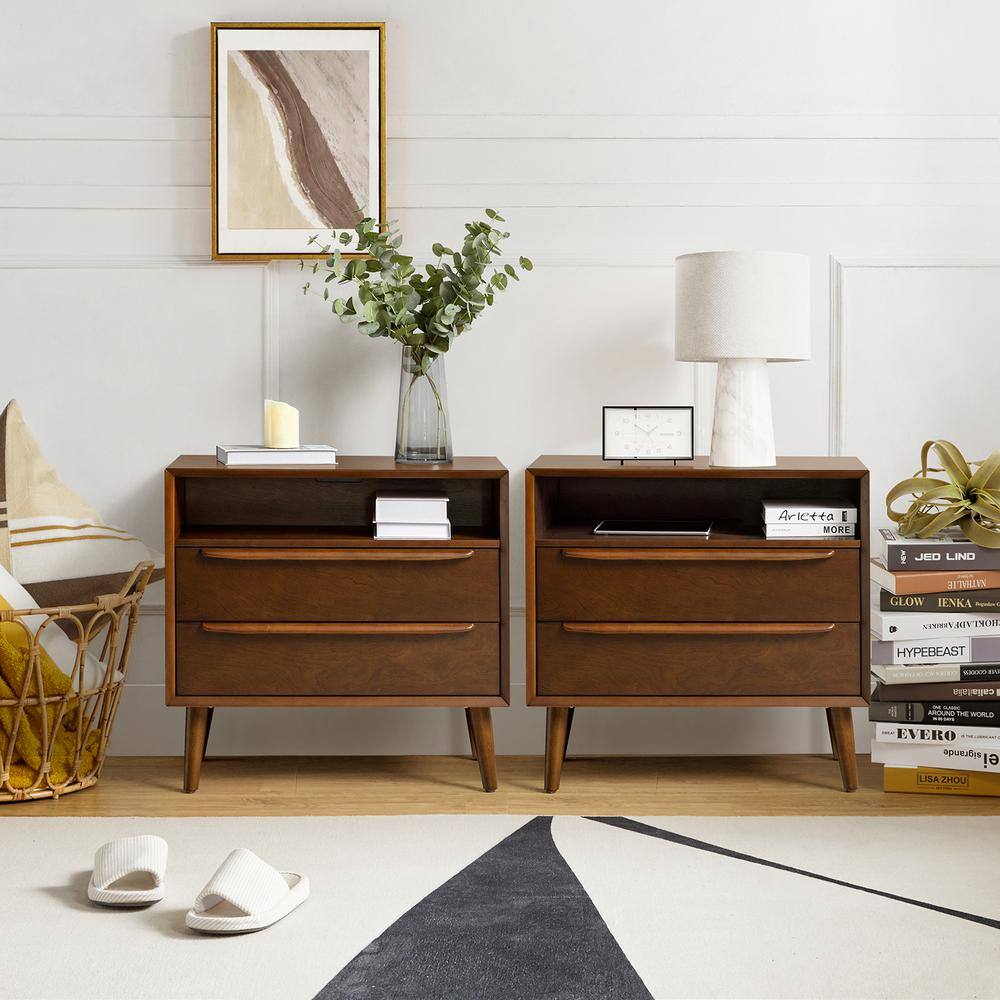 Leslie Mid-Century Modern Walnut 2-Drawer Nightstand with Built-In Outlets (Set of 2)