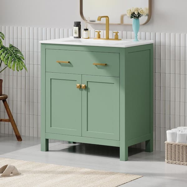 30 in. W Single Sink Modern Freestanding Green Bath Vanity with White Ceramic Top Door Storage Rack (Unassembled)