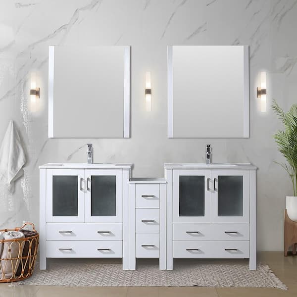 Volez 72 in. W x 18 in. D Single Bath Vanity in White with White Ceramic Top and Mirror