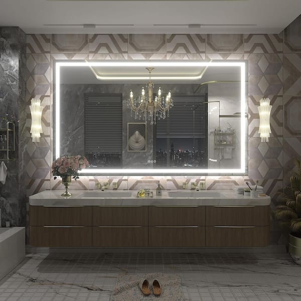 66 in. W x 40 in. H Rectangular Frameless Front and Back LED Lighted Anti-Fog Tempered Glass Wall Bathroom Vanity Mirror