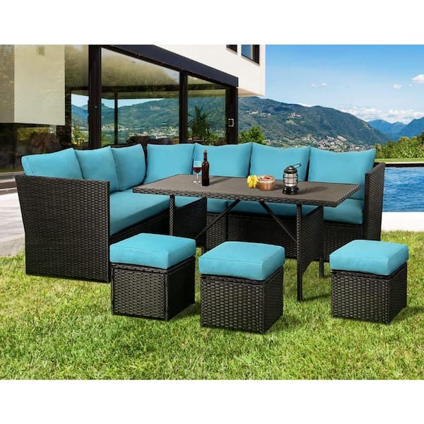 Sudzendf 7-Piece Wicker Outdoor Dining Set with Blue Cushions, Patio Rattan Furniture Set for Garden, Backyard and Poolside