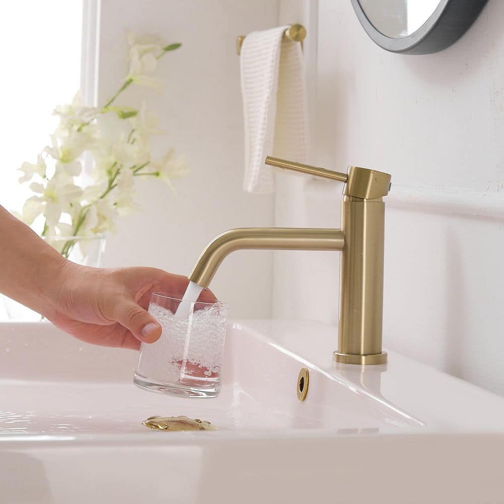 Brushed Gold Single Handle Low-Arc Bathroom Faucet with Drain
