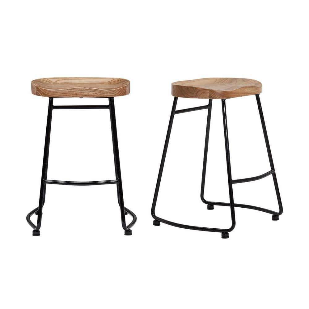 Stylewell Black Metal Backless Counter Stool With Wood Seat Set Of 2 185 In W X 24 In H Rw812 24 Blk The Home Depot