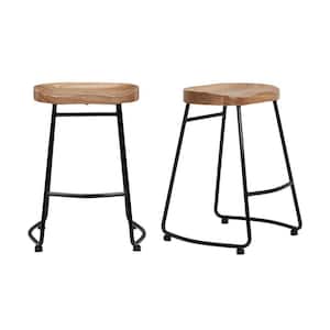Black Metal Backless Counter Stool with Wood Seat (Set of 2) (18.5 in. W x 24 in. H)