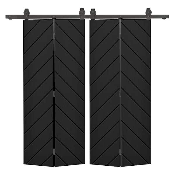 Herringbone 52 in. x 84 in. Black Painted MDF Composite Bi-Fold Hollow Core Double Barn Door with Sliding Hardware Kit