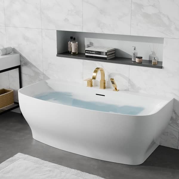 Bank Series 65 in. x 31 in. Flat Bottom Acrylic Freestanding Soaking Bathtub with Center Drain, Brushed Gold Faucet