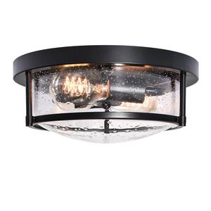 Lumin 11.8 in. 2-Light Matte Black Smart Flush Mount with Drum Clear Bubble/Seeded Glass Shade