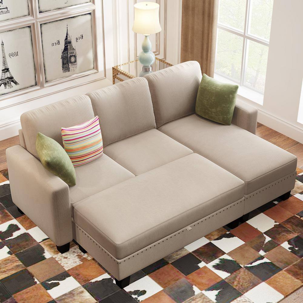 81.1 in. Square Arm Fabric L-shaped Sofa with Storage Chaise L-Shaped Sofa in. Warm Grey