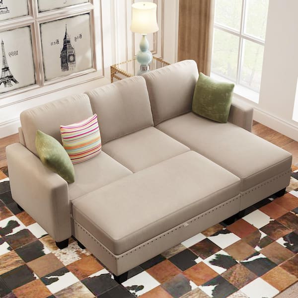 81.1 in. Square Arm Fabric L -Shaped Sofa with Storage Chaise L -Shaped Sofa in Warm Grey