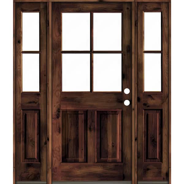 60 in. x 80 in. Alder Left-Hand/Inswing 4-Lite Clear Glass Red Mahogany Stain Wood Prehung Front Door/Double Sidelite