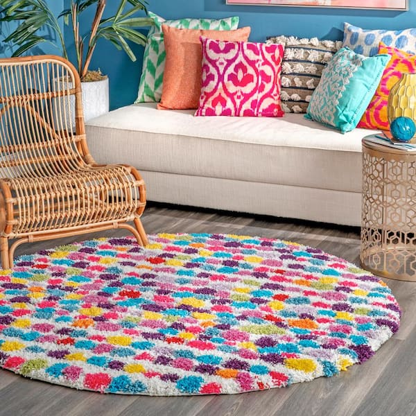 Allard Striped Polka Dot Shag Multi 5 ft. Round Area Rug