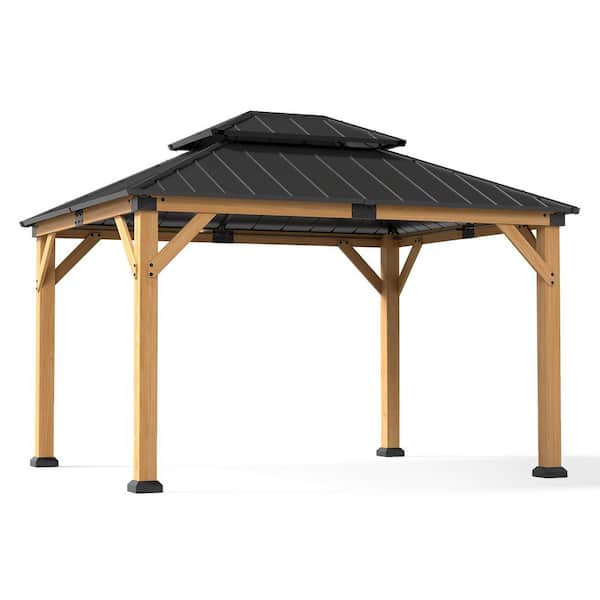 10 ft. W x 12 ft. D Hardtop Cedar Wood Gazebo with Double Roof, Galvanized Steel Panels, Heavy-Duty Outdoor Pavilion