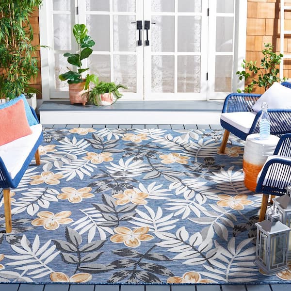 Cabana Blue/Gray 6 ft. x 6 ft. Botanical Floral Indoor/Outdoor Square Area Rug