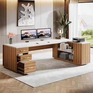 BYBLIGHT Capen 85.8" L-Shaped White & Walnut Wood Executive Desk with File Drawer