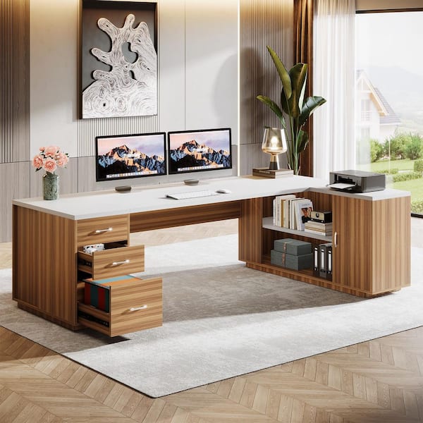 Capen 85.8 in. L-Shaped White & Walnut Wood Executive Desk with File Drawer, Modern Business Office Desk for Home Office
