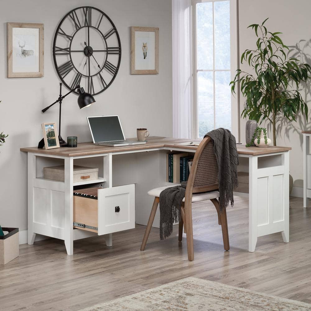 Soft White L-Shaped Wood Corner Desk with Drawer and Keyboard Tray