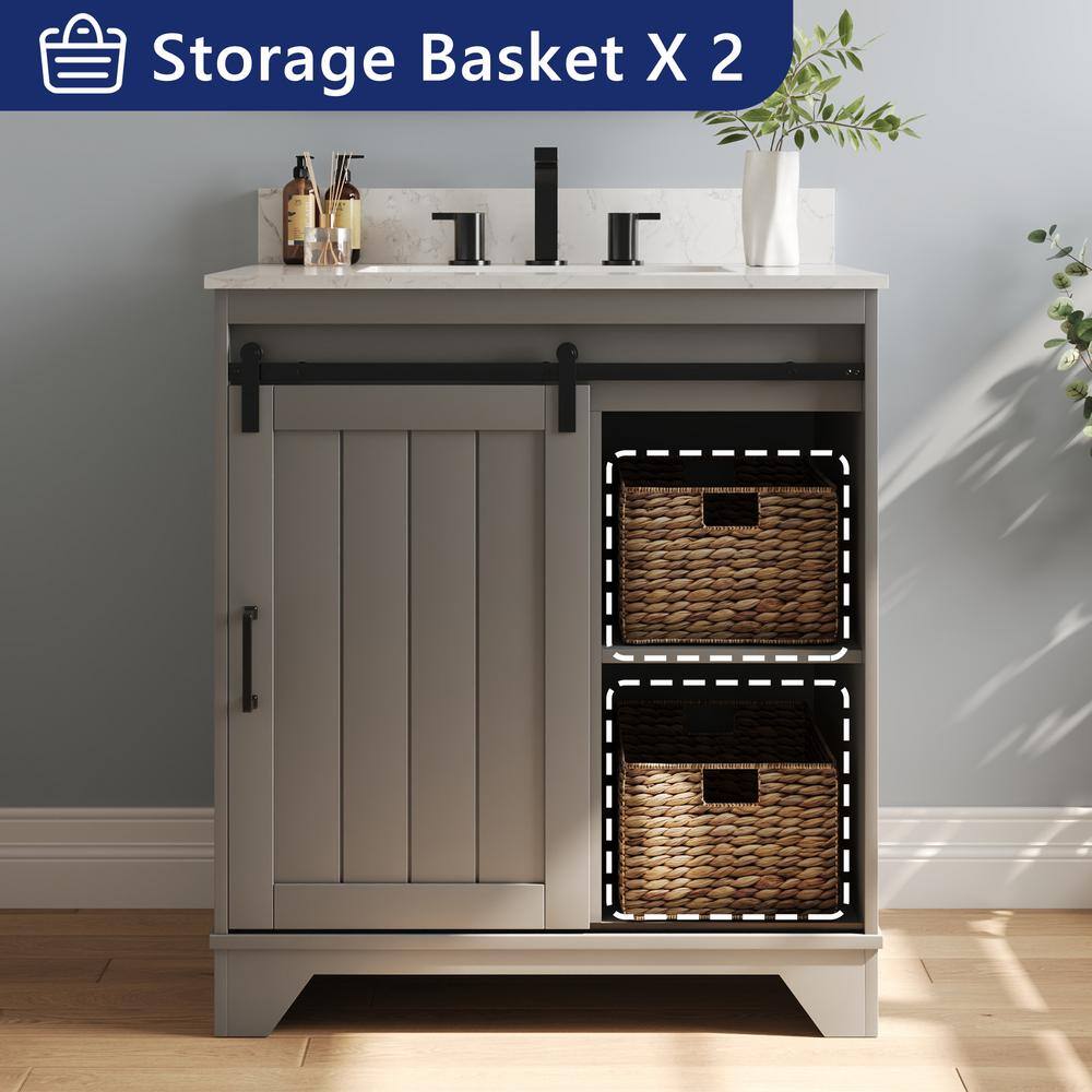 Gray 30" Freestanding Bathroom Vanity with Ceramic Sink and Storage Baskets