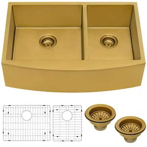 Brass Tone Gold 16-Gauge Stainless Steel 33 in. 60/40 Double Bowl Farmhouse Apron Kitchen Sink