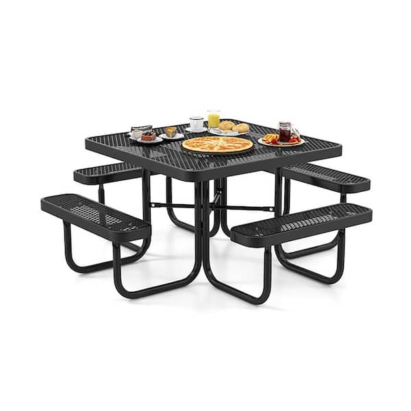 Clihome 5-Piece Metal Outdoor Square Picnic Dining Table and Bench Set for 8 Person with Seats and Umbrella Hole