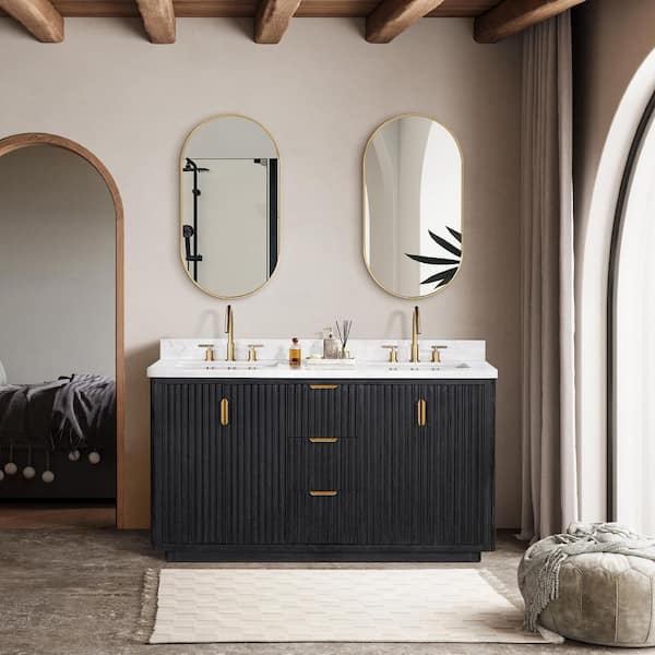 Cádiz 60 in. W x 22 in. D x 34 in. H Free-standing Double Bathroom Vanity in Fir Wood Black with White Composite Top