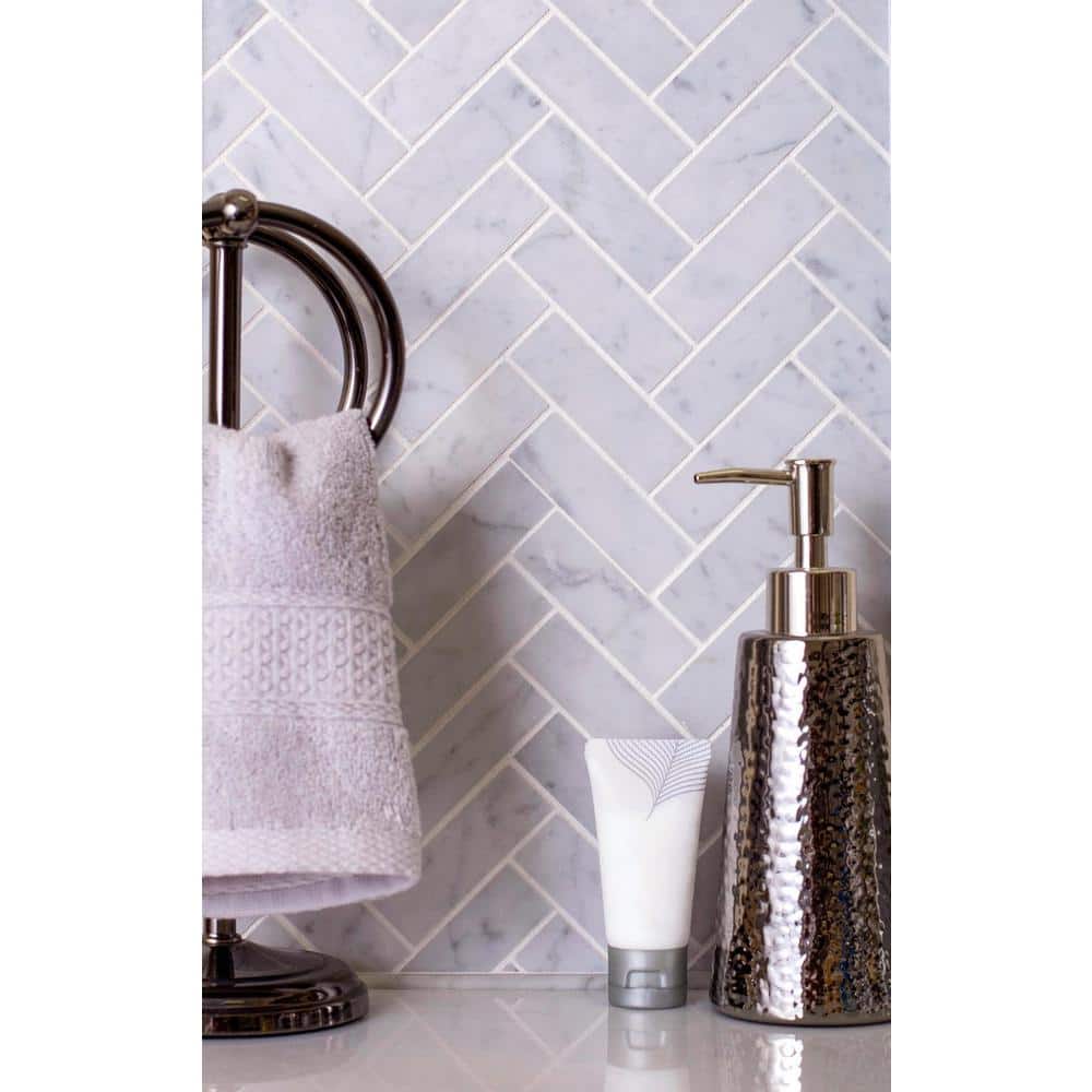 Apollo White Polished Marble Herringbone Mosaic Tile 12.8 x 11.9 in