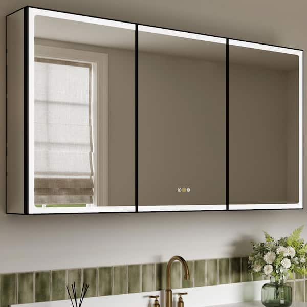 Amelia 60 in. W x 32 in. H Rectangular Aluminum Medicine Cabinet with Mirror, Adjustable Shelf, Dimmable Light, Anti-Fog