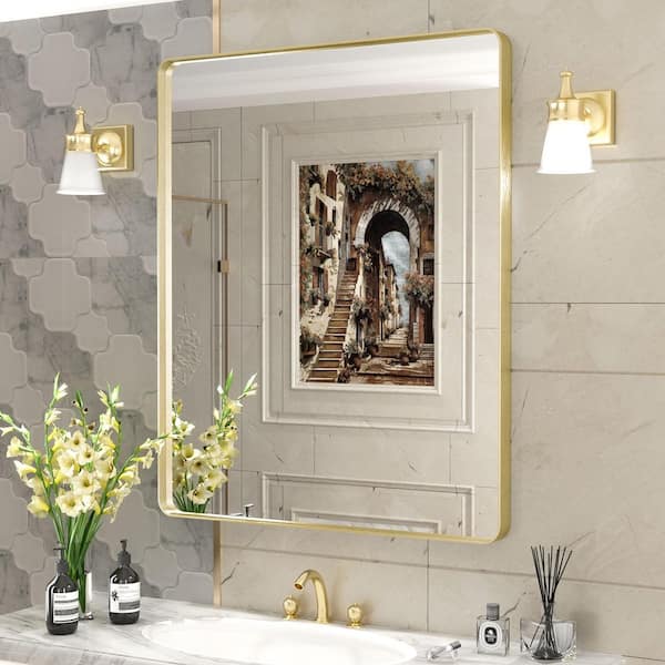 30 in. W x 36 in. H Rectangular Aluminum Alloy Framed and Tempered Glass Wall Bathroom Vanity Mirror in Brushed Gold
