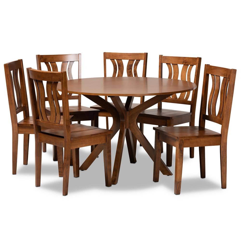 Walnut Brown Geometric Cut-Out 7-Piece Dining Set with Scoop Seats