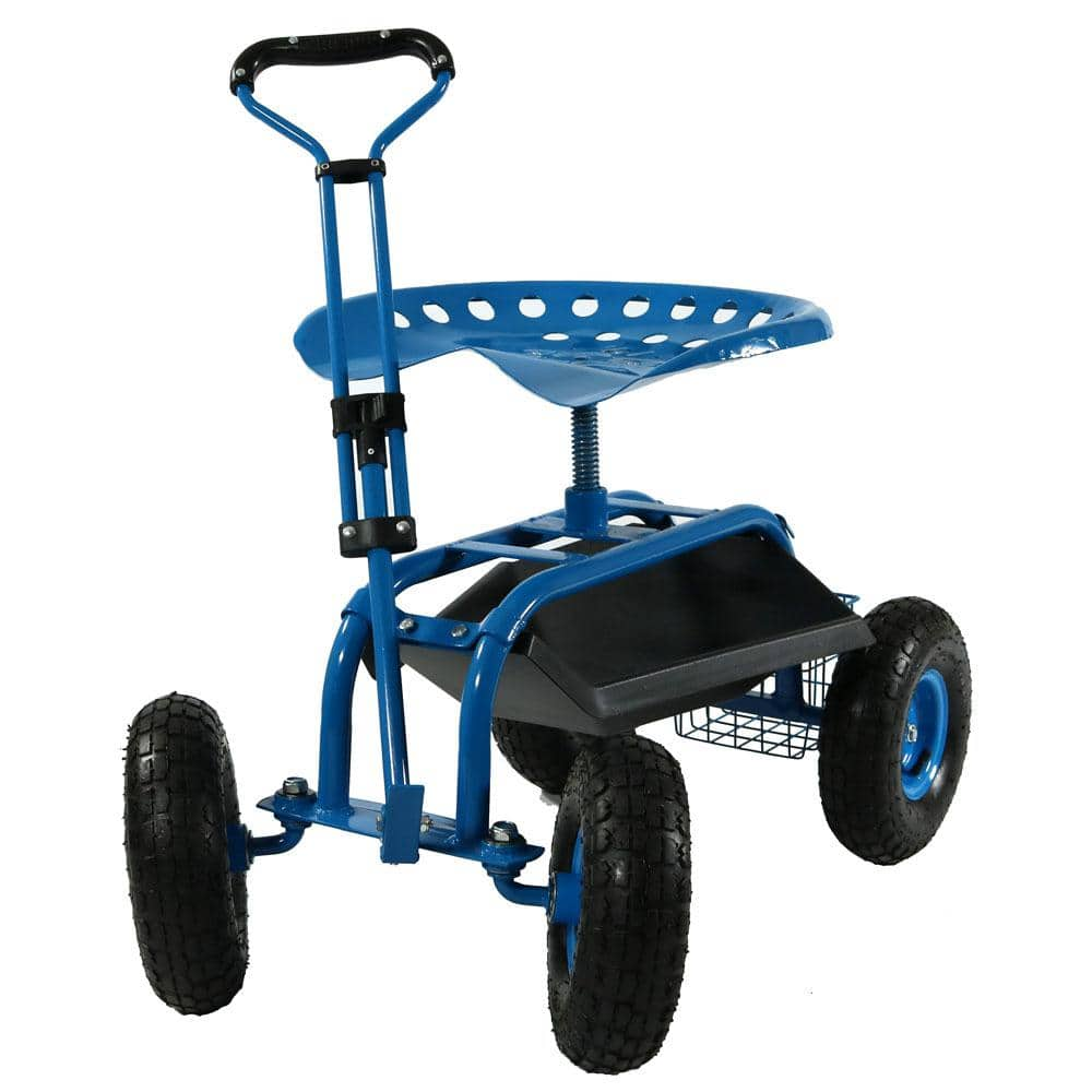 Sunnydaze Blue Steel Rolling Garden Cart with Extendable Steering Handle, Swivel Seat and Basket