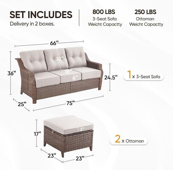 Modern Farmhouse 3-Seat Brown Wicker Outdoor Couch Set with 6 In. Beige Olefin Cushions /Patio Ottomans（3-Piece）