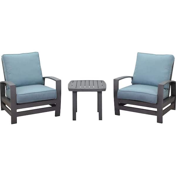 Courtyard Casual Cabo 3-Piece Aluminum rectangular 19.68 in. Outdoor Dining Set with Sunbrella Blue Cushion