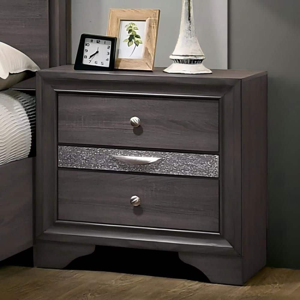 Contemporary 2 Drawer Nightstand with Hidden Jewelry Drawer, Silver Accents & Solid Wood Veneer