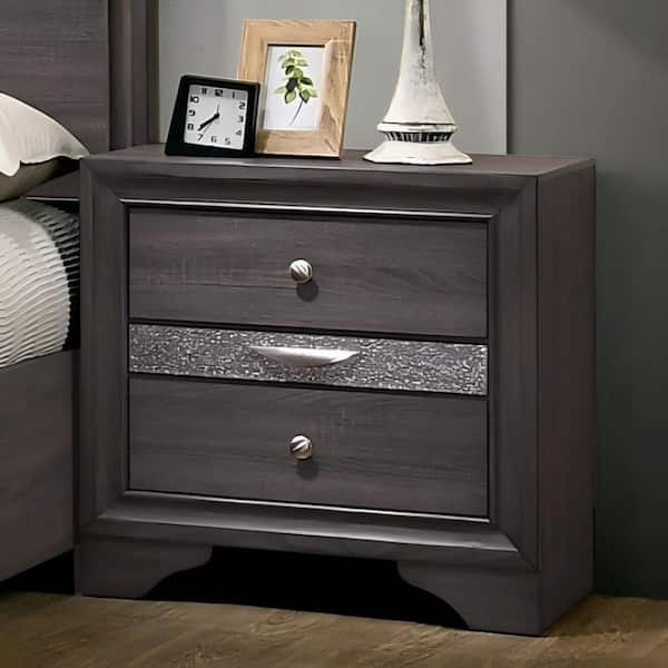 Contemporary Gray 2 Drawer Nightstand with Hidden Jewelry Drawer, Silver Accents and Solid Wood Veneer