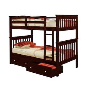 Brown Cappuccino Twin over Twin mission Bunk Bed with Under Bed Drawers