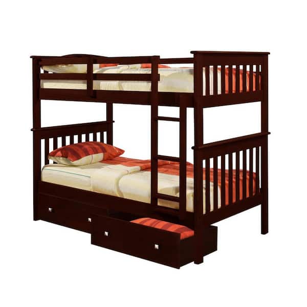 Donco Kids Brown Cappuccino Twin over Twin mission Bunk Bed with Under Bed Drawers