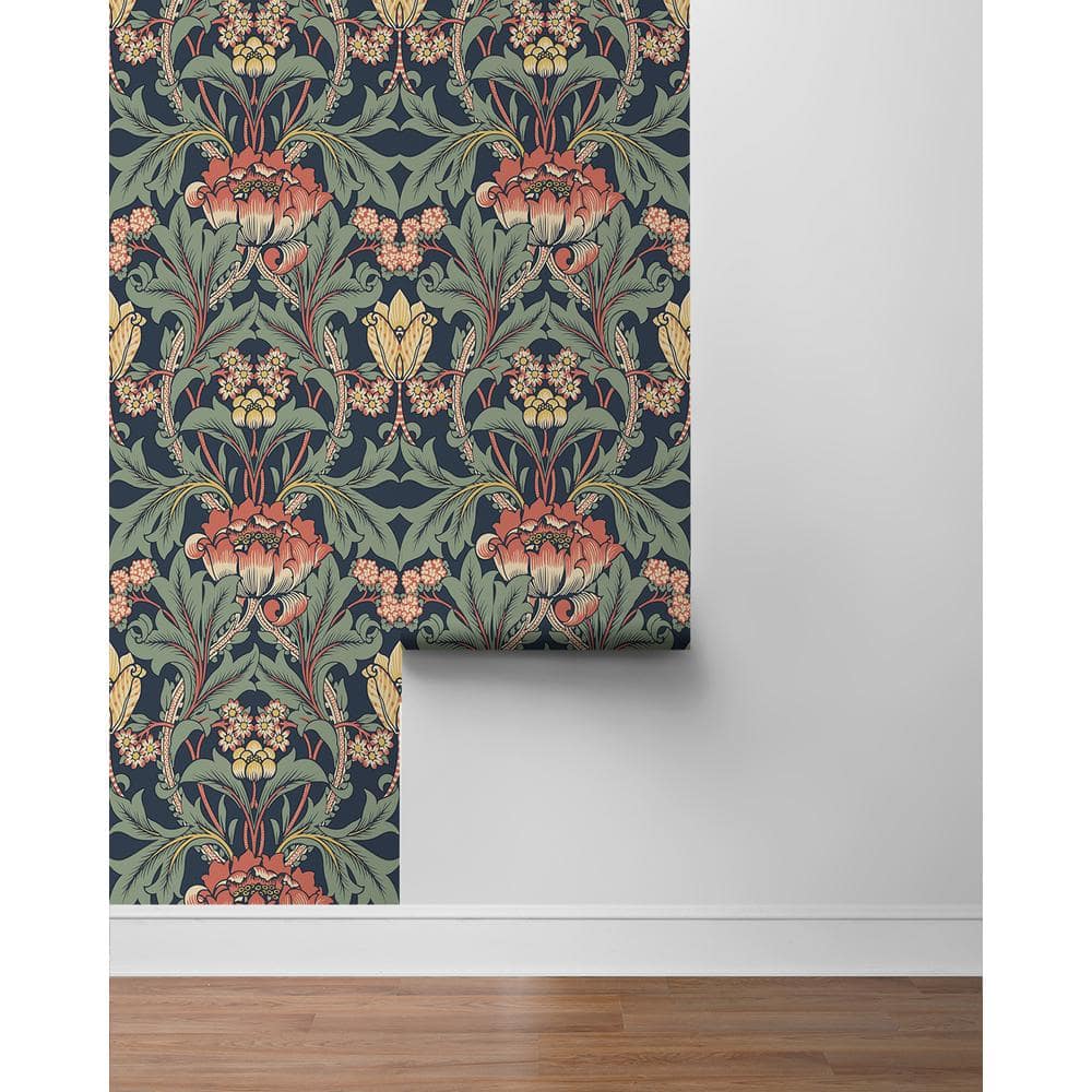 Denim Blue and Auburn Floral Peel and Stick Wallpaper