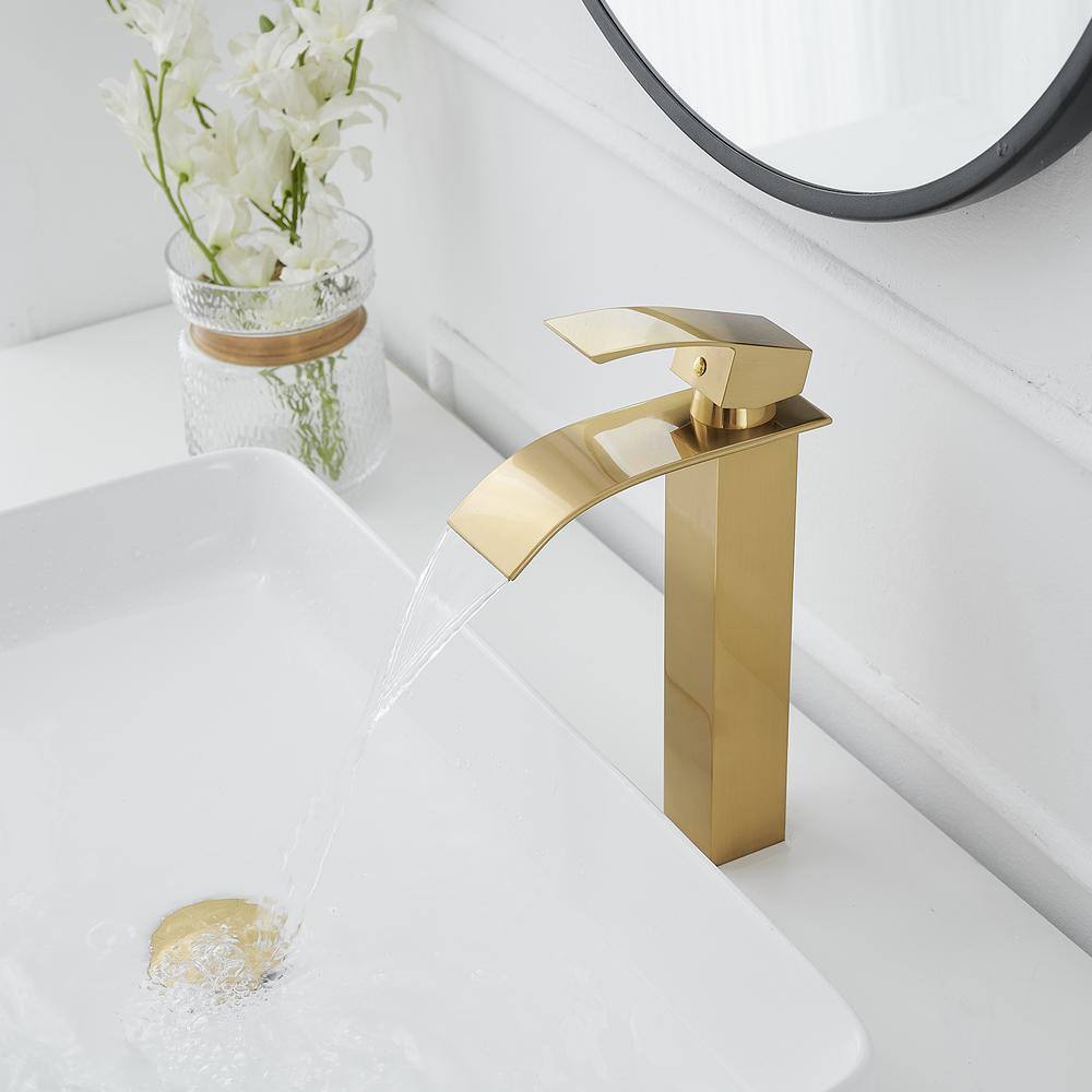 Brushed Gold Single Handle High-Arc Vessel Sink Faucet