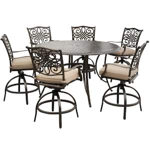 Seasons 7-Piece Metal Outdoor Dining Set in Tan with Cushions 6 Swivel Chairs and a 56-In. Cast-Top Table