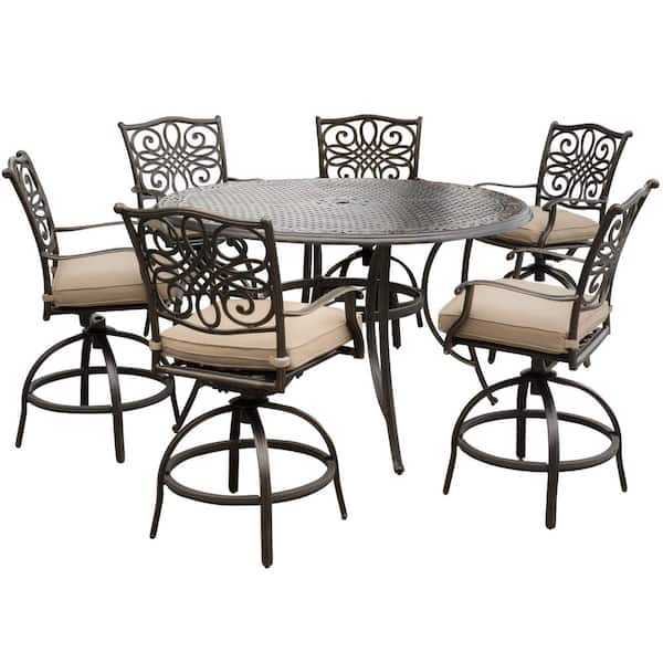 Cambridge Seasons 7-Piece Metal Outdoor Dining Set in Tan with Cushions 6 Swivel Chairs and a 56-In. Cast-Top Table